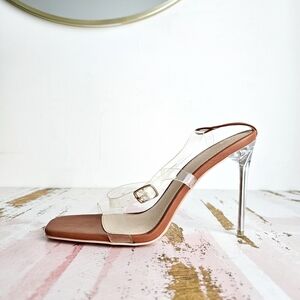 NWOT Olivia James Clear Strap Heels Elegant Brown Open-Toe Women's Heels Size 9